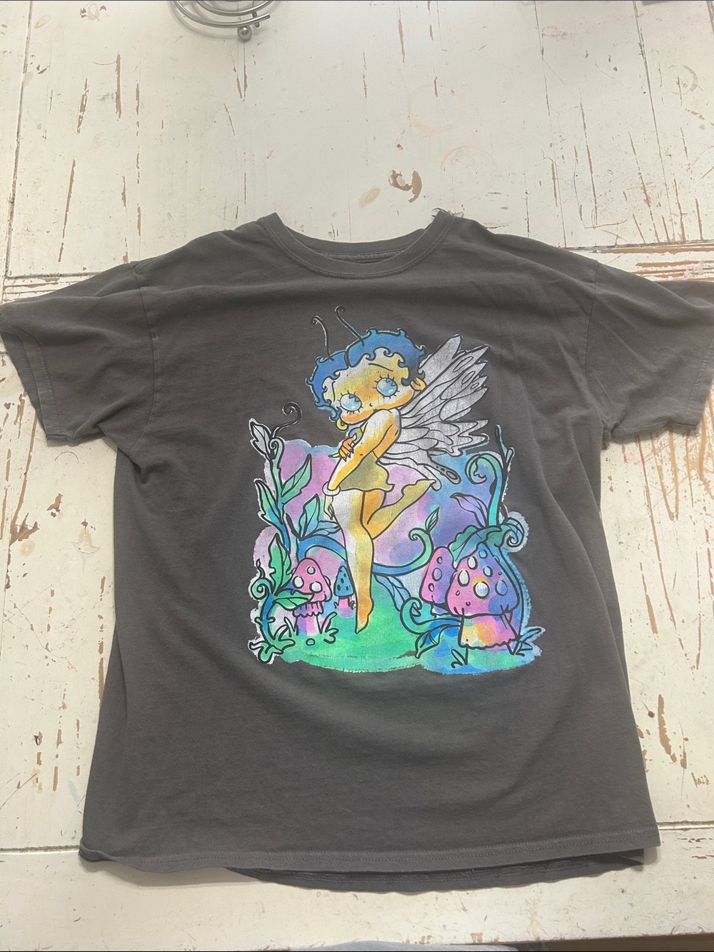 Betty Boop Charcoal Tee with Colorful Fairy Graphic